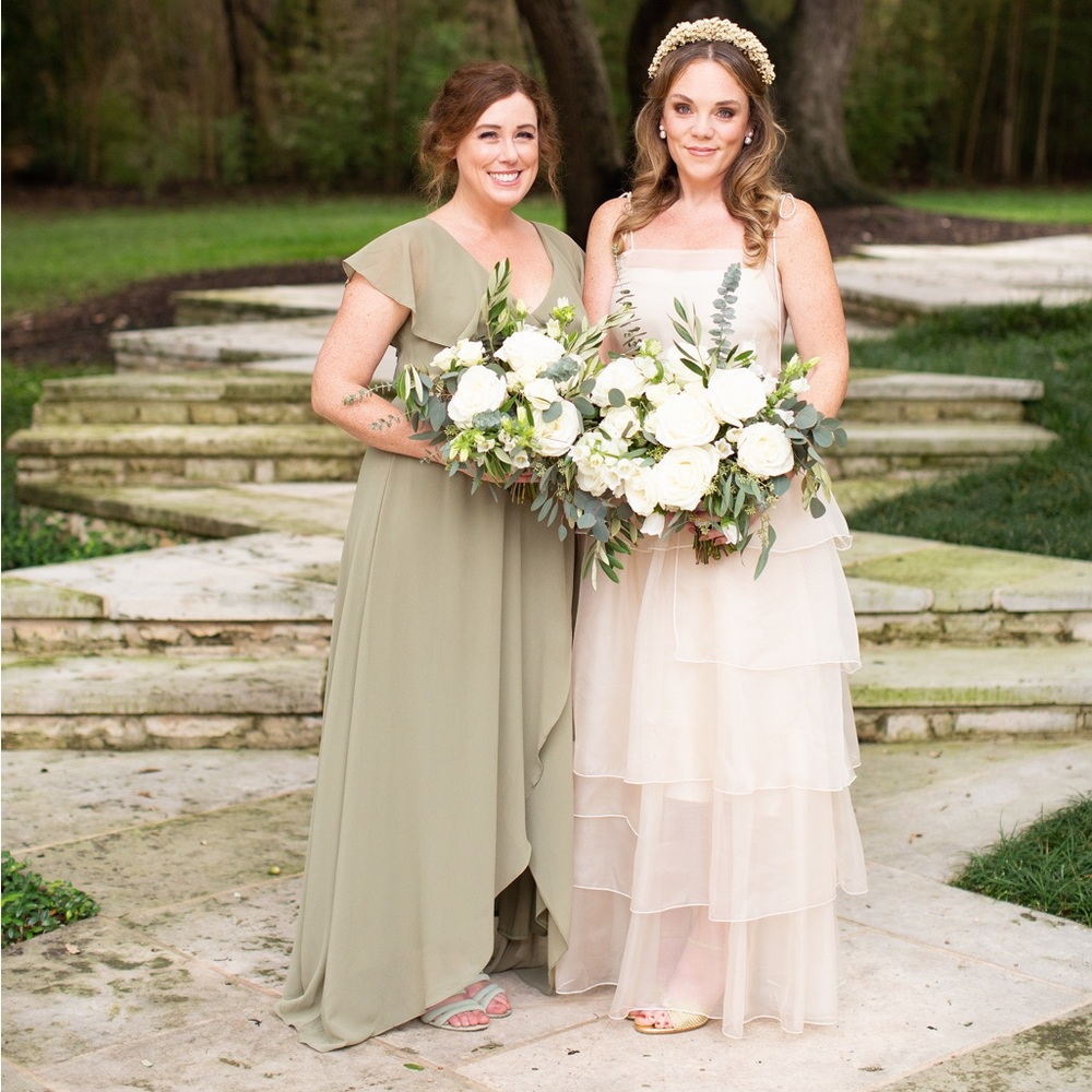 Sage green bohemian bridesmaid dress with belted sash